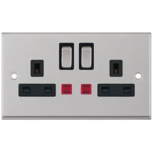 Selectric 7MPRO-224 7M-PRO 2 Gang 13A Switched DP Socket Outlet with Neon - Satin Chrome, Black Insert