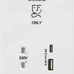 Knightsbridge CU8909 White Curved Edge 230V Shaver Socket with Dual USB A+C (5V DC 2.4A Shared, Max. 12W)