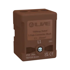 LIVE Electrical TB5P100-BROWN 5 Way 100A Rated Terminal Block Brown, Terminal Capacity up to 35mm2