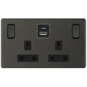 Selectric 5MPLUS-12-86 5M-PLUS Screwless 2 Gang 13A Switched SP Socket Outlet (Outboard Rockers) + 2 Earth Terminal with 1x USB Type-A (2.4A) & 1x USB Type-C (3A) - Dark Bronze, Black Insert