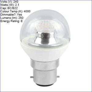 B60582 | BELL 2.1W LED Dimmable Round Ball Clear – BC, 4000K