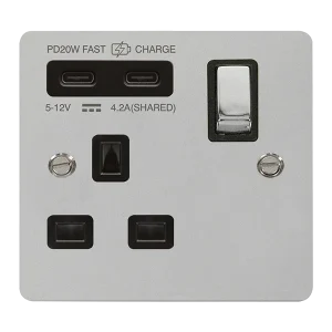 Click Define FPCH595BK Flat Plate 'Ingot' 13A 1 Gang Switched Safety Shutter Socket with Twin Type C USB (4.2A) - Polished Chrome (Black)