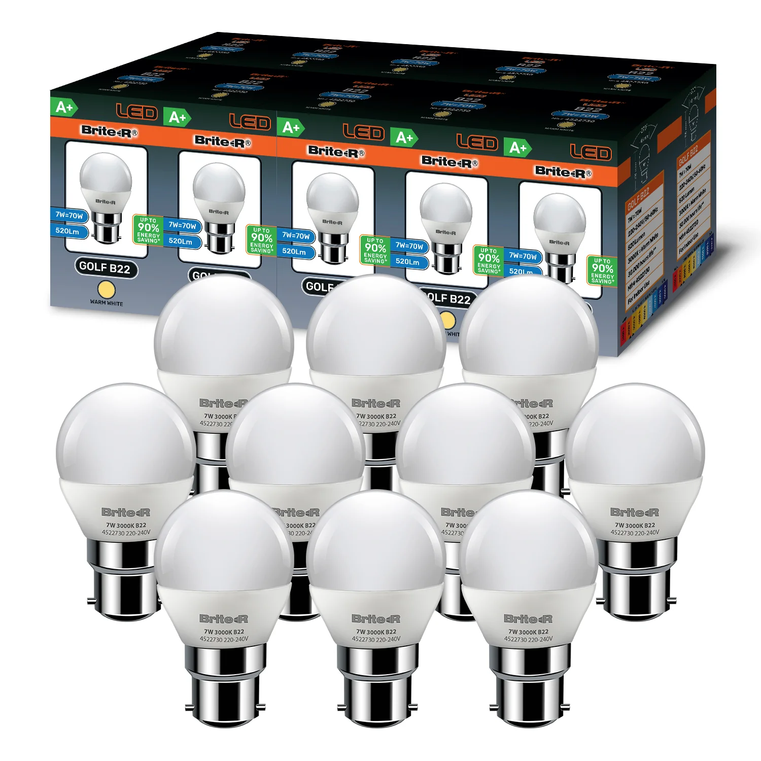 Brite-R 7W B22 BC Golf LED Bulb Warm White 3000K (10 Pack)