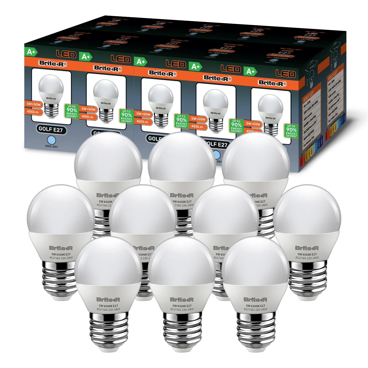 Brite-R 5W E27 ES Golf LED Bulb Cool White 6500K (10 Pack)