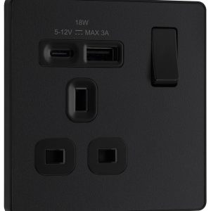 BG Evolve PCDMB21UAC18B 13A Single Switched Power Socket + USB A+C (18W) - Matt Black (Black)