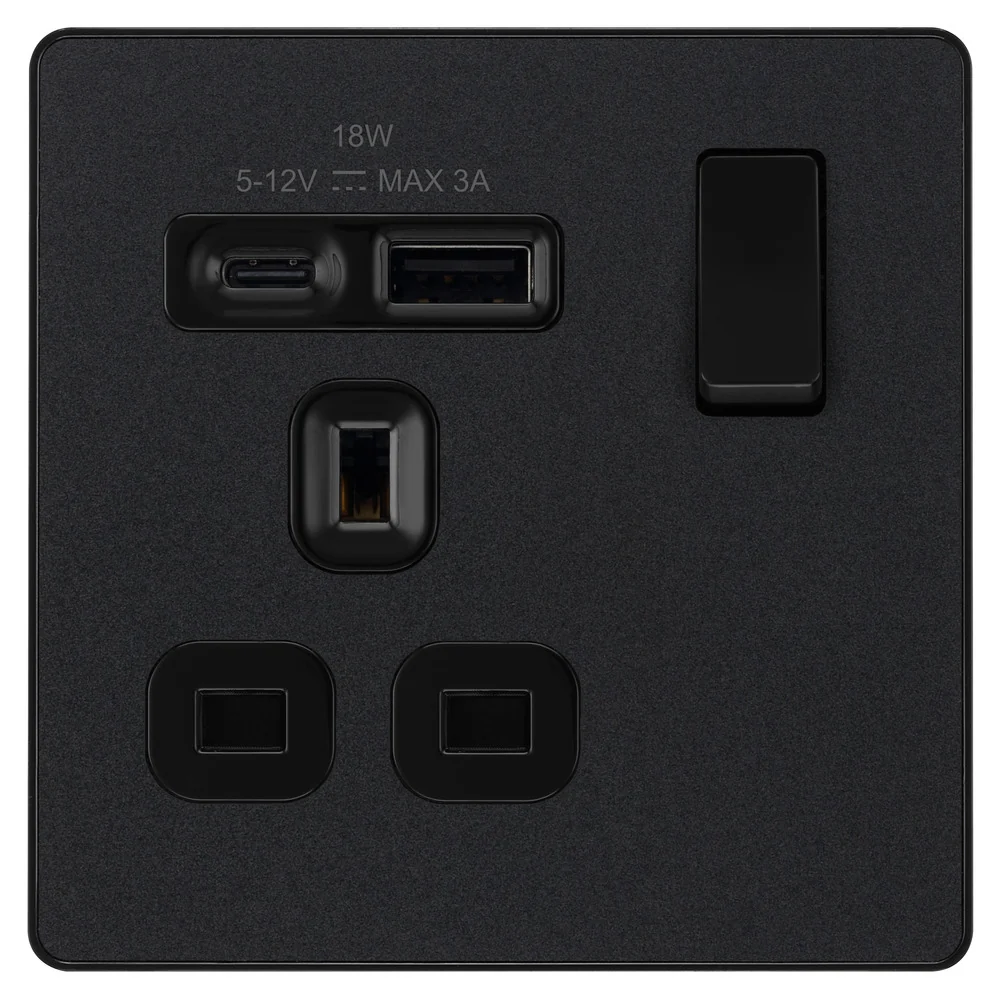 BG Evolve PCDMB21UAC18B 13A Single Switched Power Socket + USB A+C (18W) - Matt Black (Black) - Image 3