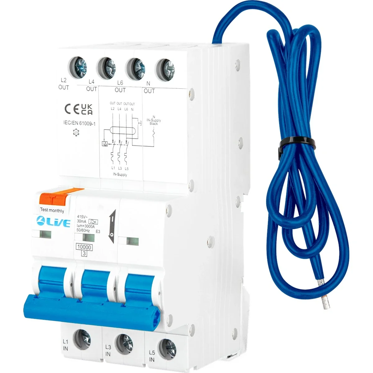 LIVE Electrical RTN350C-030N 3P+N 50A C Curve 10kA 30mA Type A RCBO