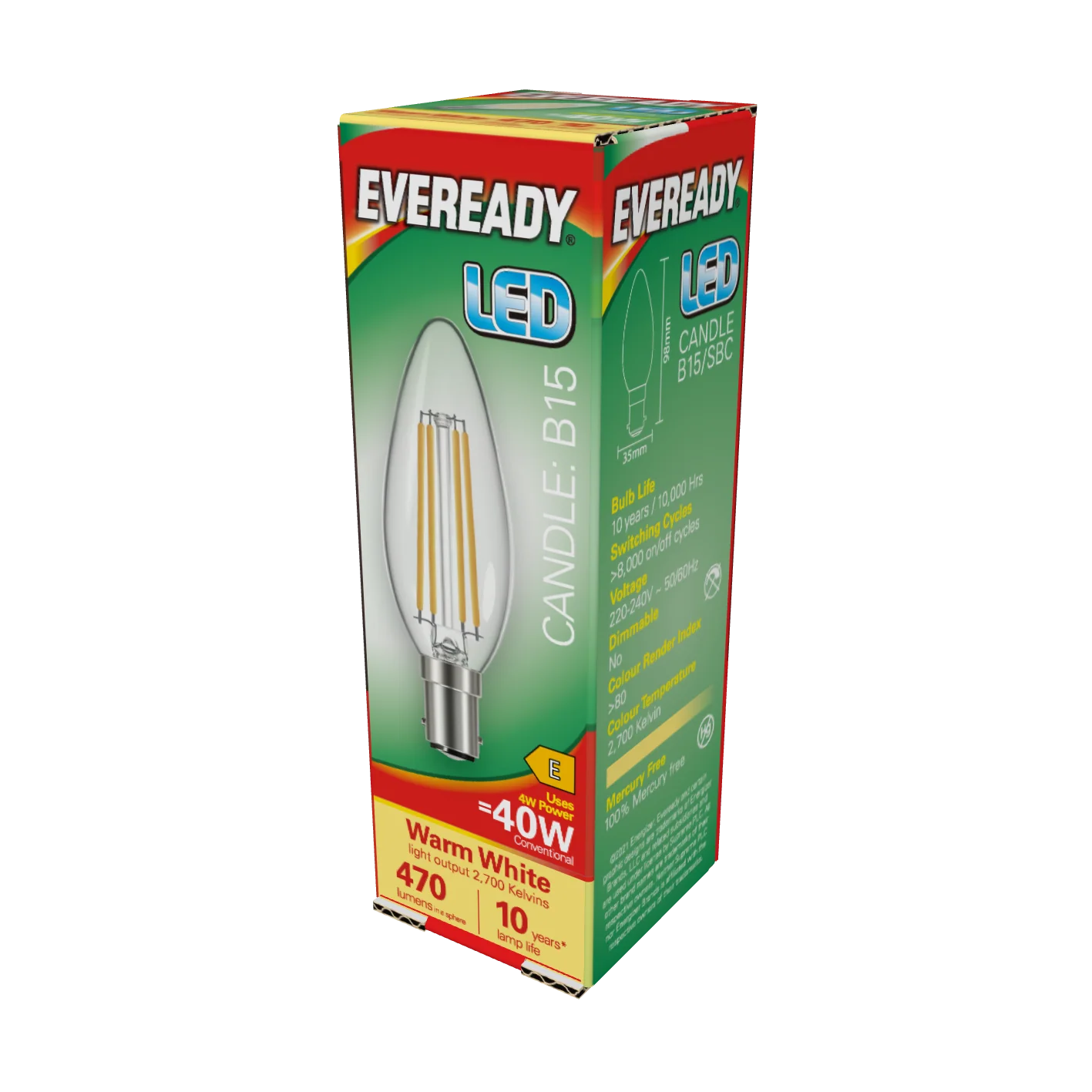 Eveready S15476 B15 SBS Candle Filament Clear LED Bulb 4W 470lm Warm White 2700K (5 Pack)