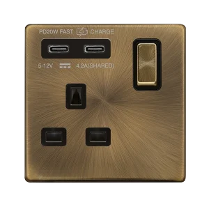 Click Definity Complete SFAB595BK 'Ingot' 13A 1 Gang Switched Safety Shutter Socket with Twin Type C USB (4.2A) - Antique Brass - Black Inserts