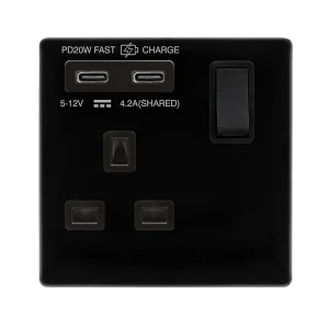 Click Definity Complete SFMB795BK 'Non Ingot' 13A 1 Gang Switched Safety Shutter Socket with Twin Type C USB (4.2A) - Metal Black - Black Inserts