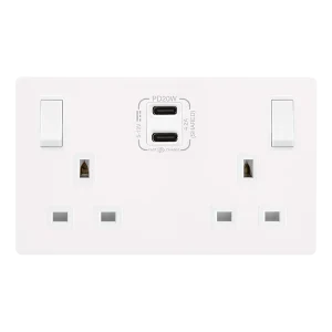 Click Definity Complete SFMW796PW 'Non Ingot' 13A 2 Gang Switched Safety Shutter Socket with Twin Type C USB (4.2A) - Metal White - Polar White Inserts
