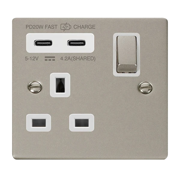 Click Deco VPPN595WH Victorian 'Ingot' 13A 1 Gang Switched Safety Shutter Socket with Twin Type C USB (4.2A) - Pearl Nickel (White) - Image 2