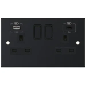 Selectric DSL11-63 5M 2 Gang 13A Switched Socket Outlet with 1x USB Type-A (2.4A) & 1x USB Type-C (3A) - Matt Black, Black Insert