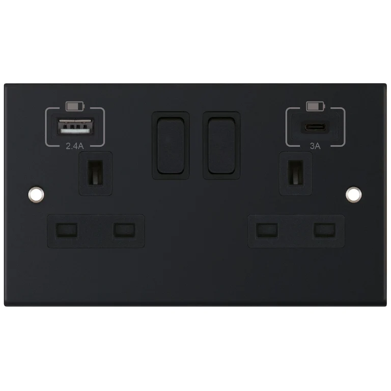 Selectric DSL11-63 5M 2 Gang 13A Switched Socket Outlet with 1x USB Type-A (2.4A) & 1x USB Type-C (3A) - Matt Black, Black Insert - Image 2