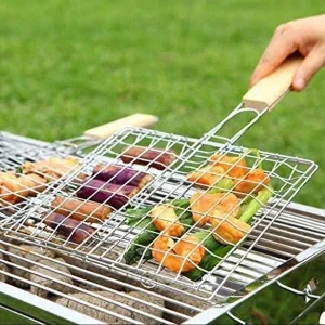 Stainless Steel Small Size BBQ Grill Net with Wooden Handle