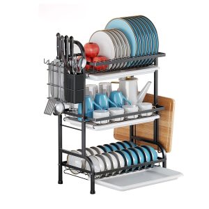 3 Tier Kitchen Dish Organizer Dish Drying Rack Carbon Steel Over The Sink Dish with Drain Tray for Kitchen Counter Storage RS-JN