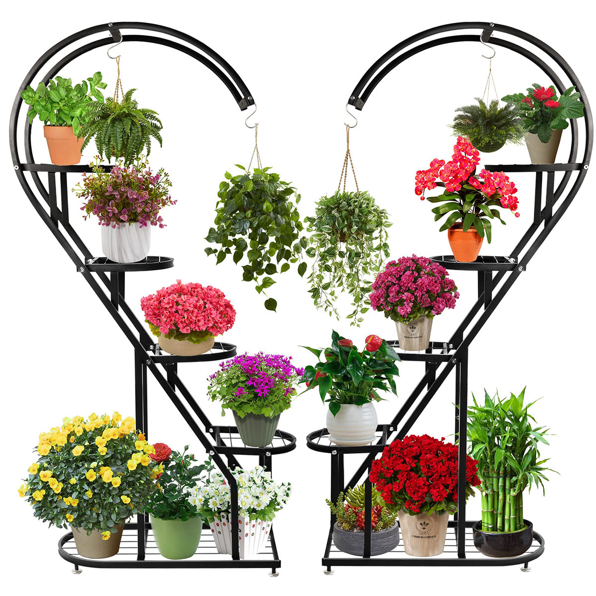 5 Tier Metal Plant Display Rack Heart Shaped Ladder Stand with Hanging Hooks RS-NV - Image 2