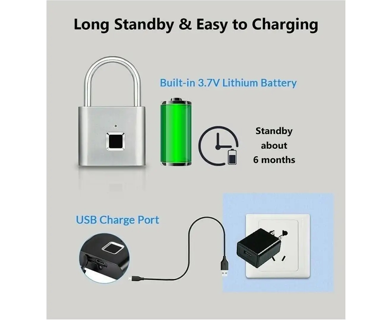 Smart Fingerprint Padlock Keyless Anti-Theft Security Rechargeable Padlock – Platinum - Image 7