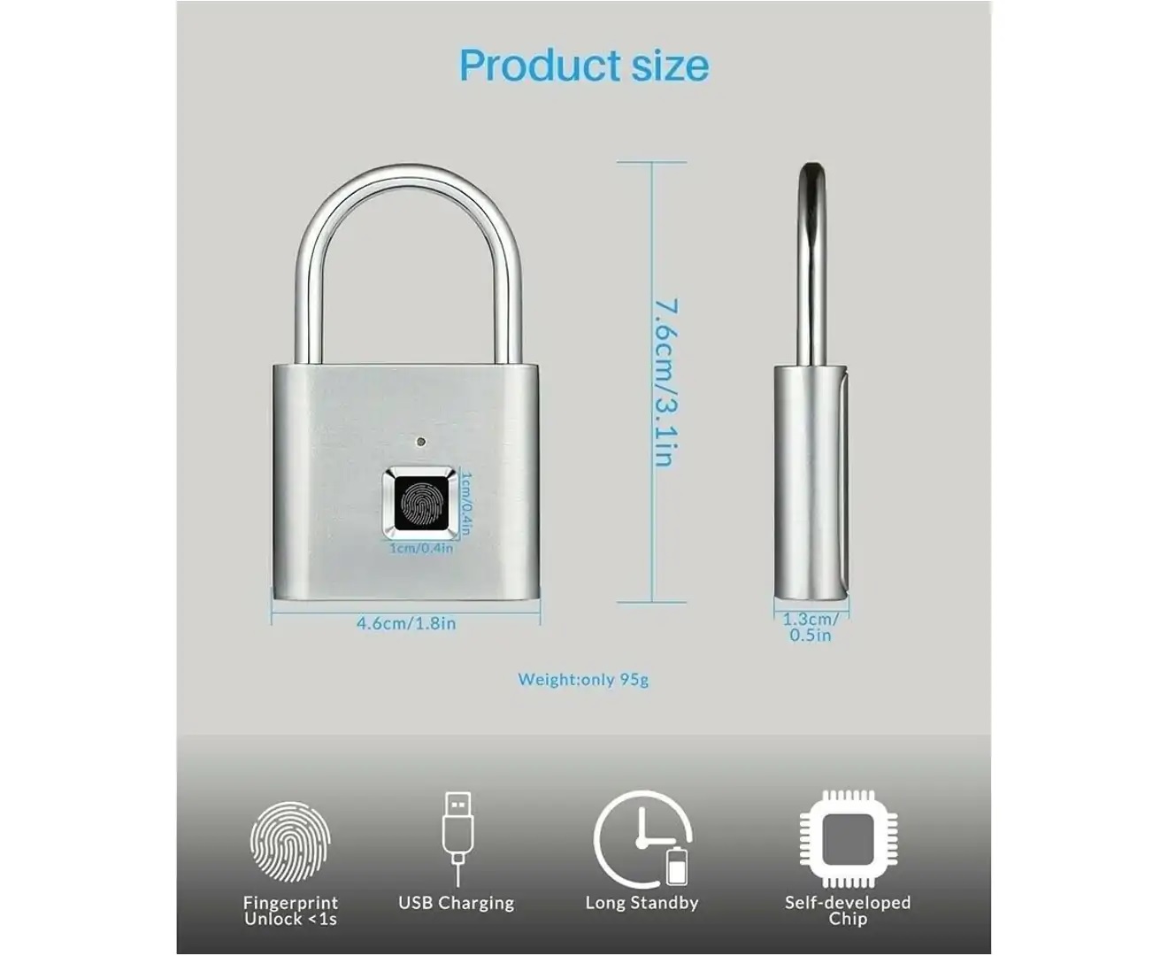 Smart Fingerprint Padlock Keyless Anti-Theft Security Rechargeable Padlock – Platinum - Image 5