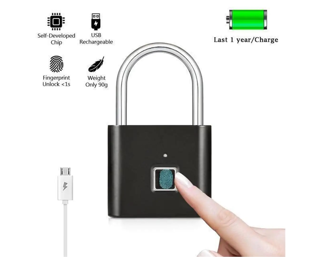 Smart Fingerprint Padlock Keyless Anti-Theft Security Rechargeable Padlock – Platinum - Image 4