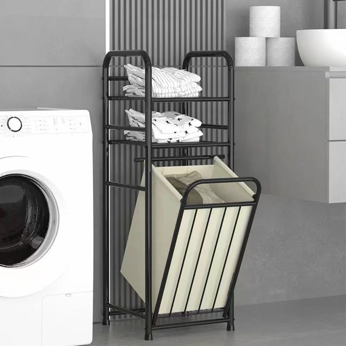 Metal 3 Tier Tilt Out Laundry Hamper Laundry Basket Stand Cabinet with Shelves Laundry Storage Bag Rack FY-DC - Image 4