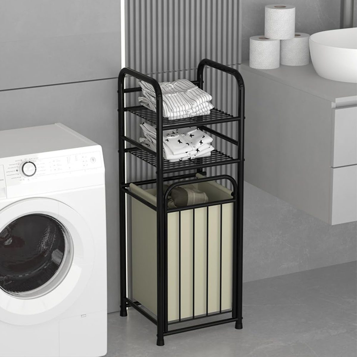 Metal 3 Tier Tilt Out Laundry Hamper Laundry Basket Stand Cabinet with Shelves Laundry Storage Bag Rack FY-DC - Image 5