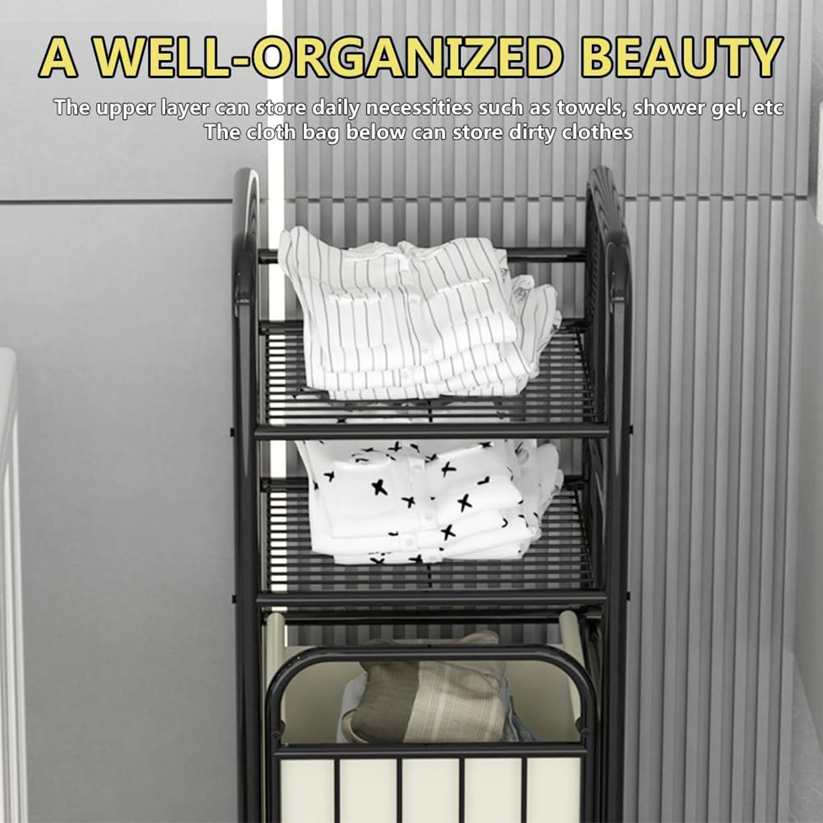 Metal 3 Tier Tilt Out Laundry Hamper Laundry Basket Stand Cabinet with Shelves Laundry Storage Bag Rack FY-DC - Image 6