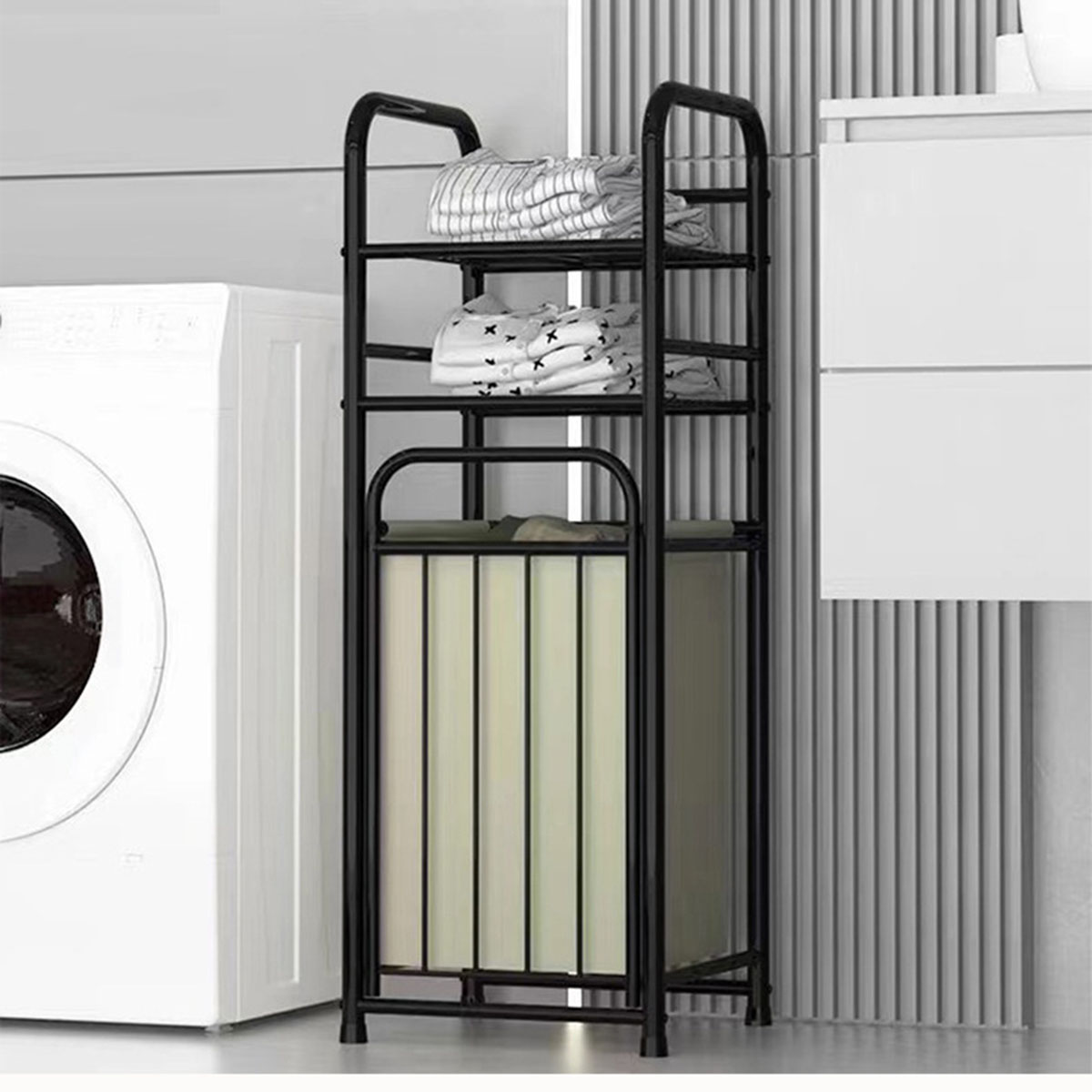 Metal 3 Tier Tilt Out Laundry Hamper Laundry Basket Stand Cabinet with Shelves Laundry Storage Bag Rack FY-DC - Image 7
