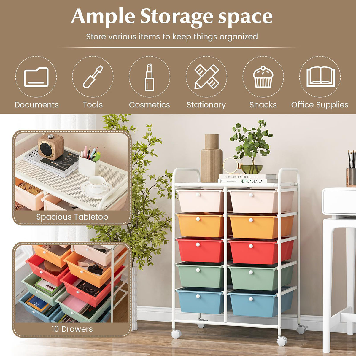 Rolling Craft Storage Cart 10 Drawer Storage Cart with Wheels & Handle Scrapbook Paper Storage Box Organizer FY-MC - Image 9