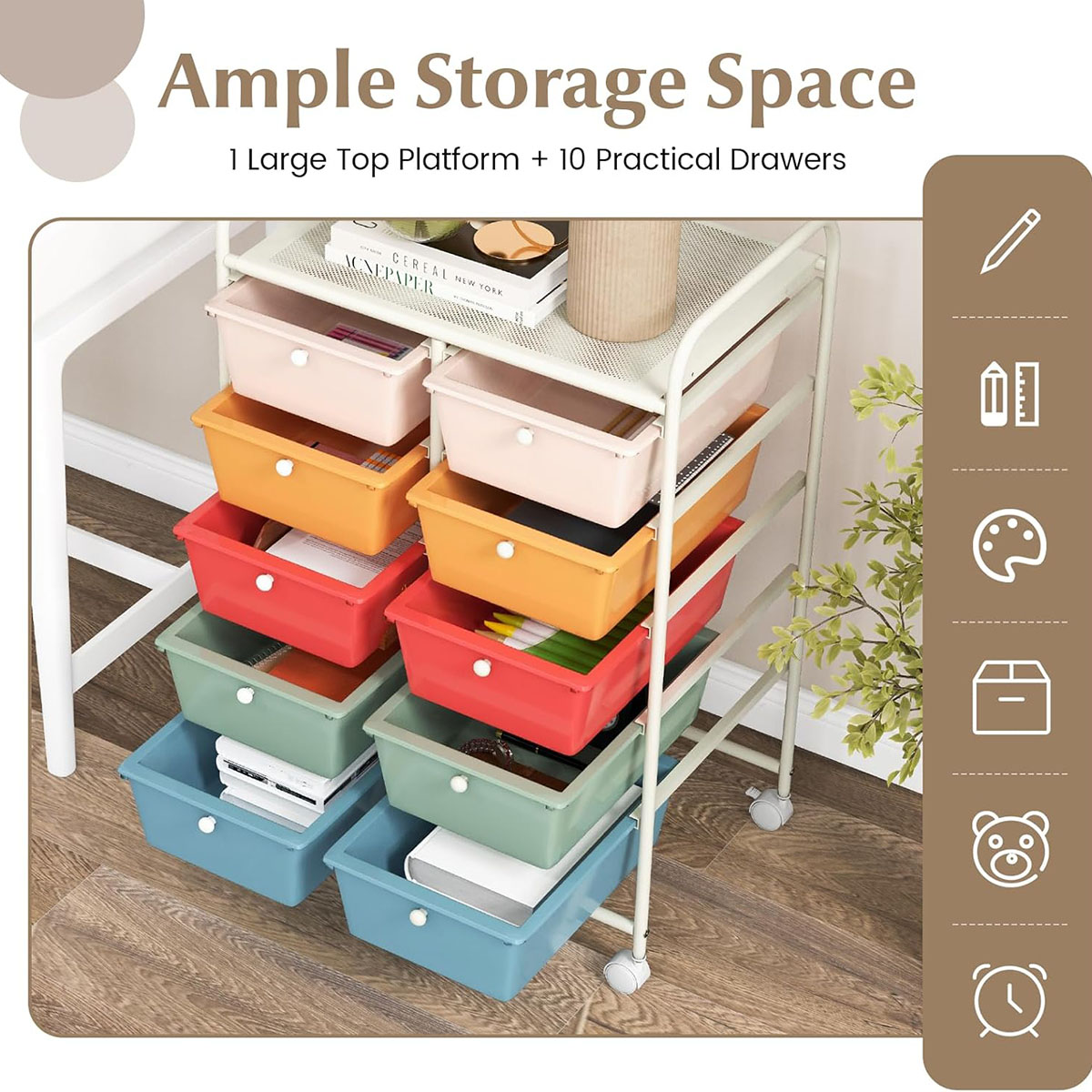 Rolling Craft Storage Cart 10 Drawer Storage Cart with Wheels & Handle Scrapbook Paper Storage Box Organizer FY-MC - Image 8